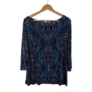 Chicos Travelers‎ Baroque Print Blouse Size 2 (12/14) Slinky Knit Stretch Artsy